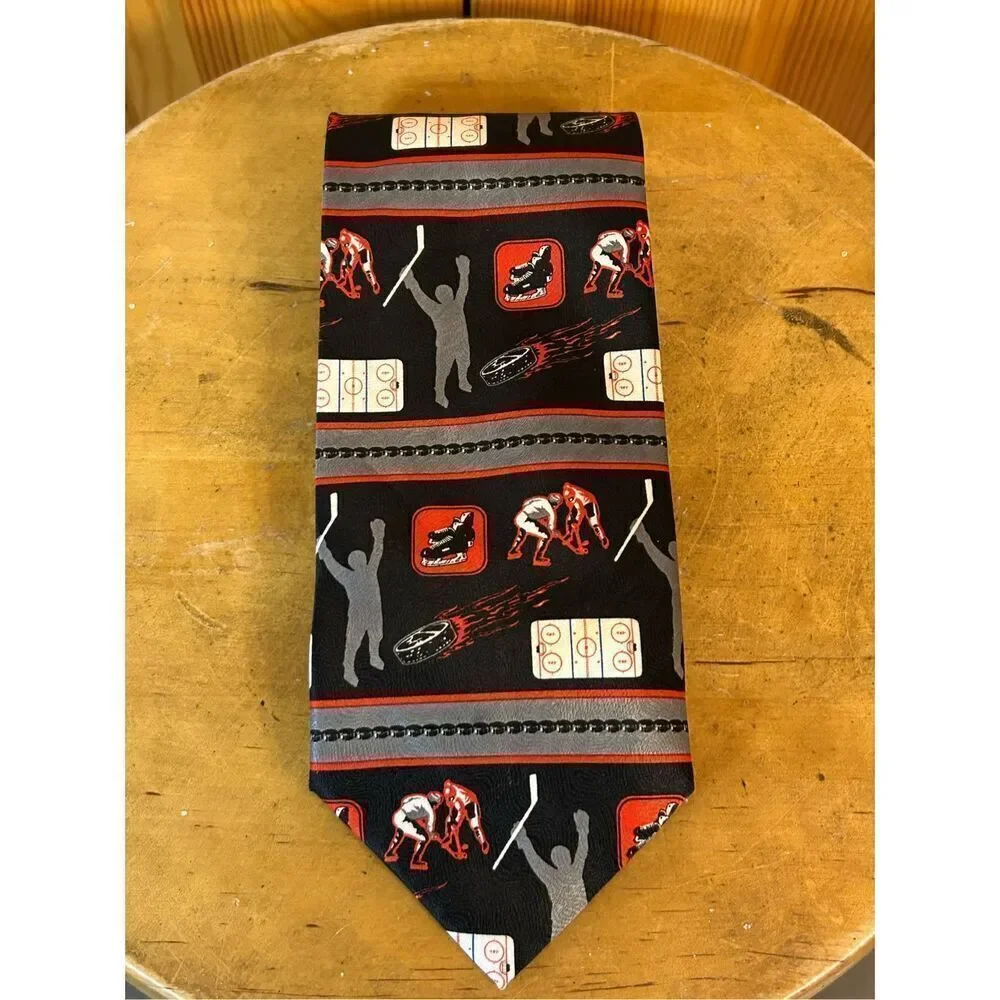 Ralph Marlin 100% Polyester Hockey Tie Men's Necktie Black Red Gray  (8059)